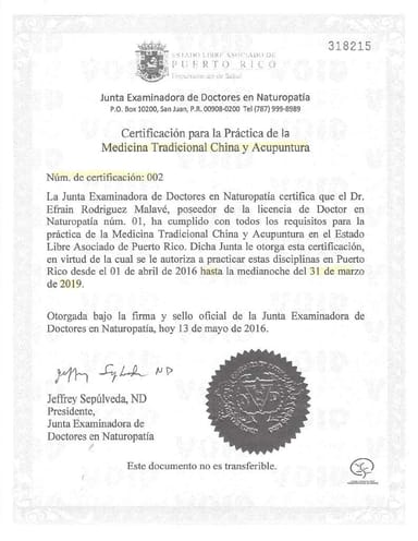 Certificación de Medicina Tradicional China y Acupuntura para Dr. Efrain Rodriguez Malavé en Puerto Rico