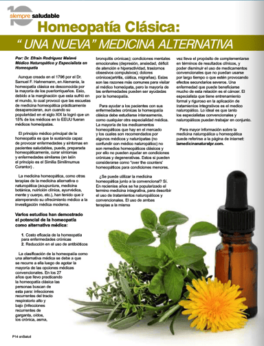 Imagen de la Revista En Salud que presenta un artículo sobre homeopatía clásica como medicina alternativa.