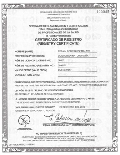 Certificado de Registro Doctor en Naturopatia en Puerto Rico, Medicina Natural